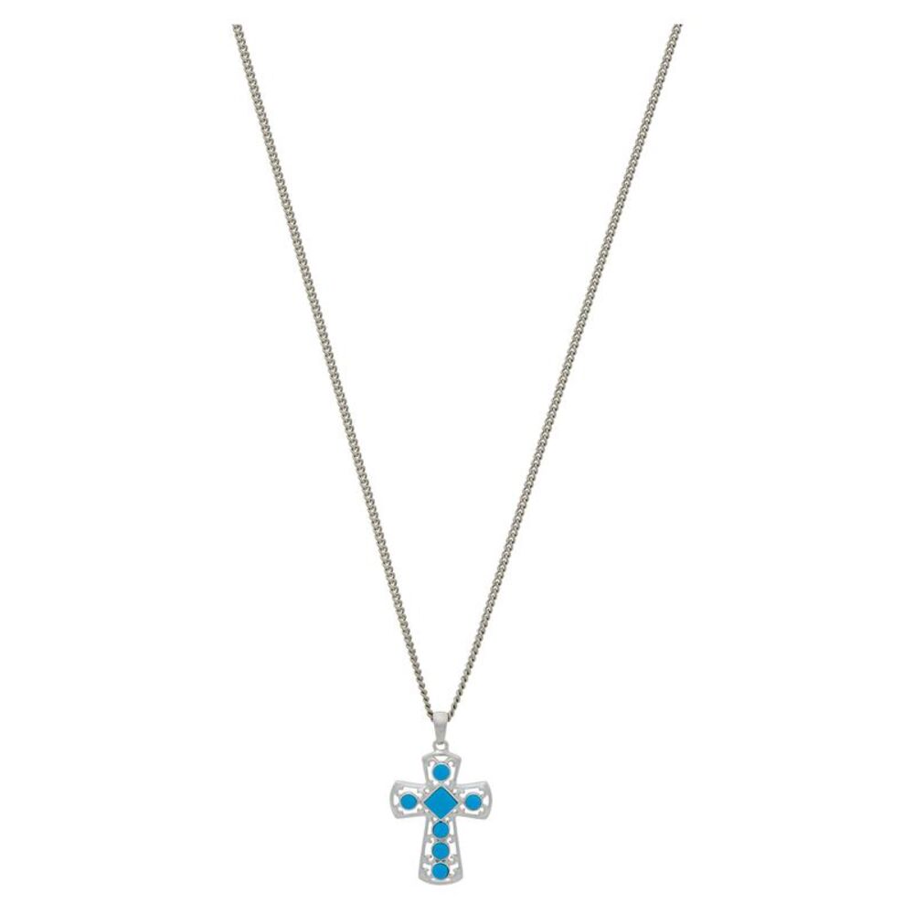 14KT White Gold Plated Turquoise Accented Cross Pendant Necklace